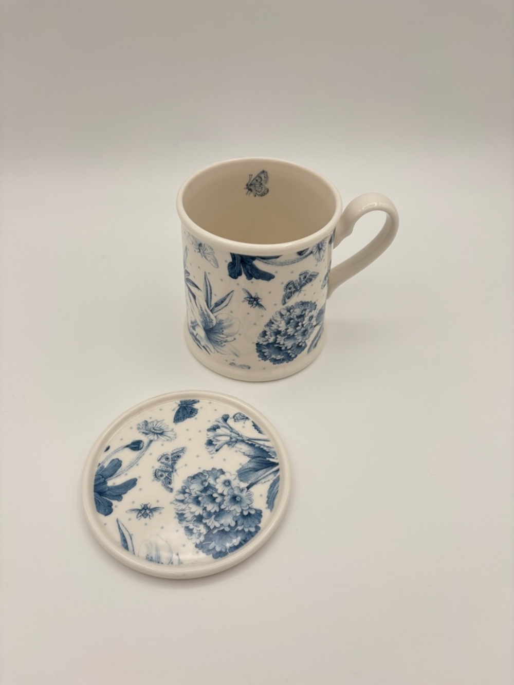 Portmeirion Botanic Blue Mug w/ Lid Coaster Floral Butterfly